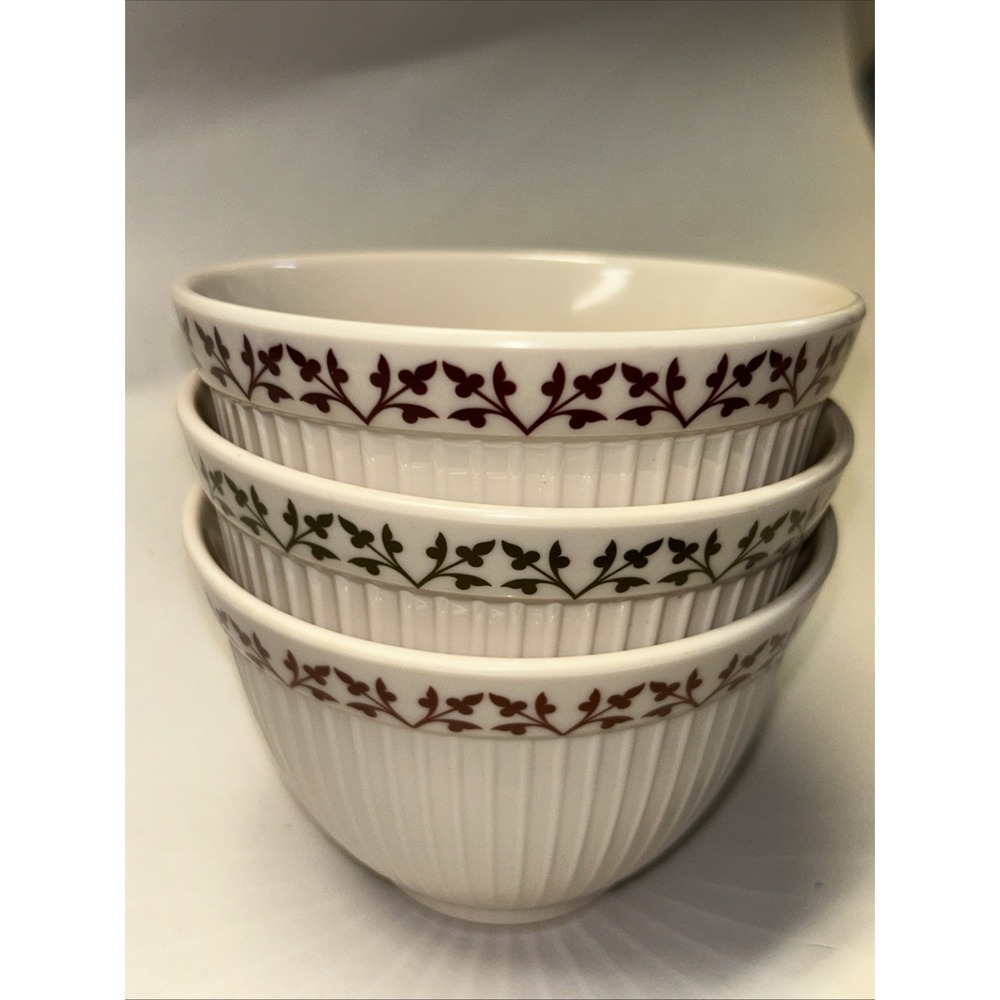 Paula Dean Bowls Melamine Small Dessert Fruit Beige Burgundy Ribbed Set of Three